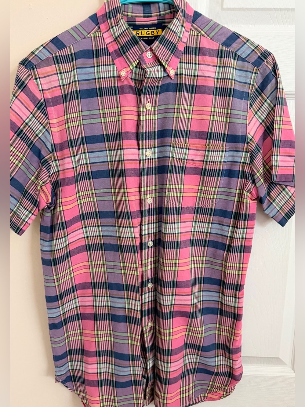 RUGBY Ralph Lauren Shirt Mens M Pink Blue Plaid Colorful India Madras